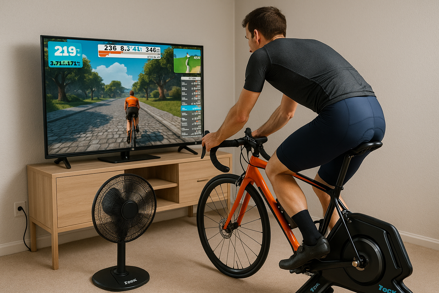young cyclist who trains in his guest room on a Tacx Neo Smart Pro trainer, with a fan nearby to guarantee some cooling, and viewing at a smart TV that shows him racing on the software Zwift.