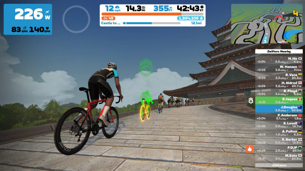 Zwift rider approaching a Japanese castle with other cyclists, game stats and route map visible on screen.