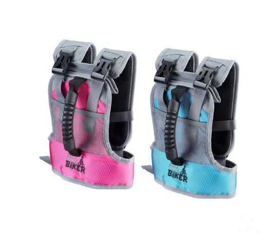Two Little Biker vests in blue and pink.